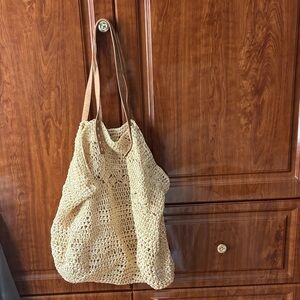 Cream Crochet Tote Bag with Leather Straps